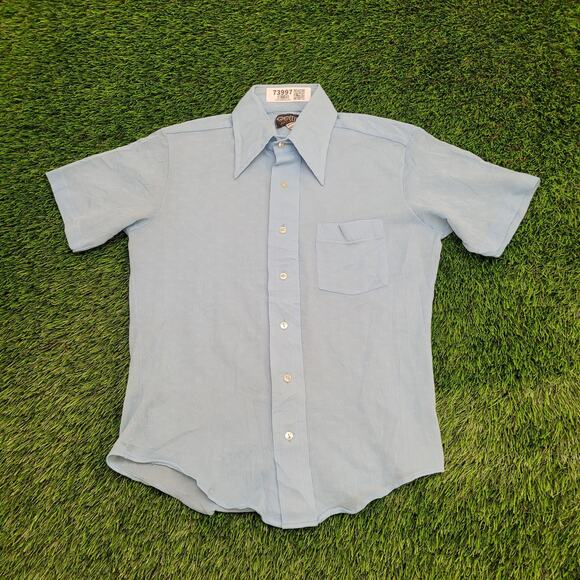 Vintage 70s Disco Button Shirt Medium 19x25 Polyester Blue - Picture 1 of 14